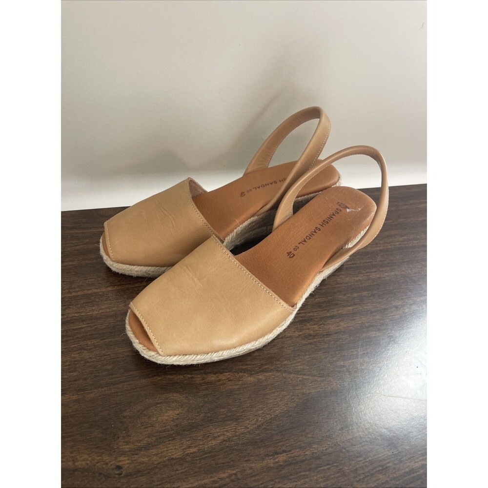 Spanish Sandal Co Leather Wedge Espadrilles Tan Slingback Peep Toe Shoes 40 - Picture 2 of 6